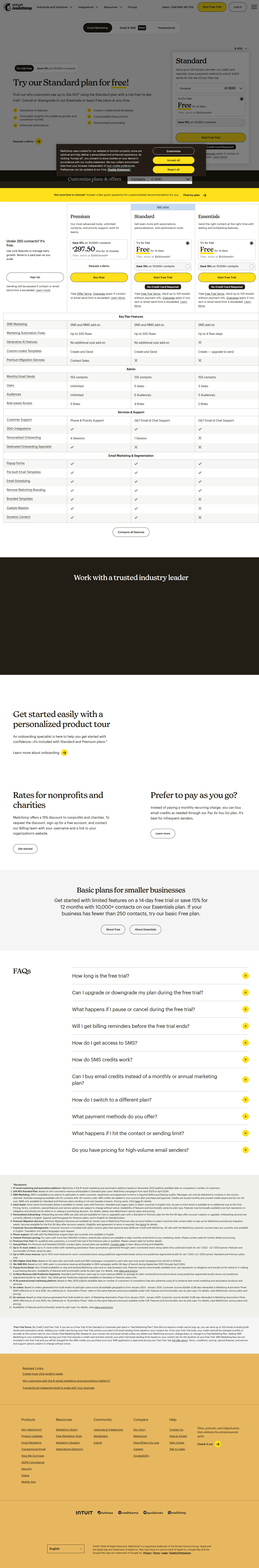 Mailchimp pricing page showing all plans