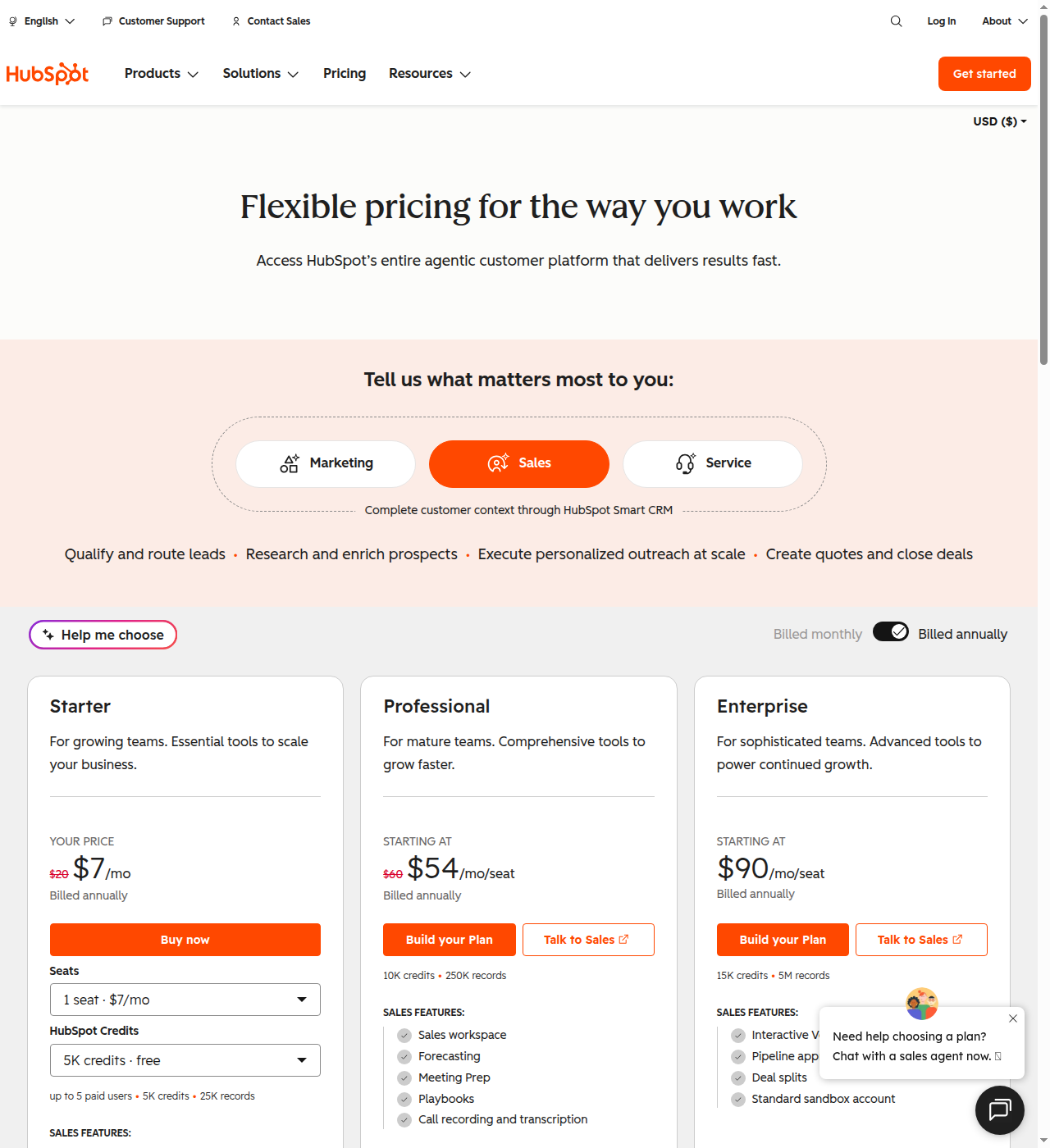 HubSpot pricing page