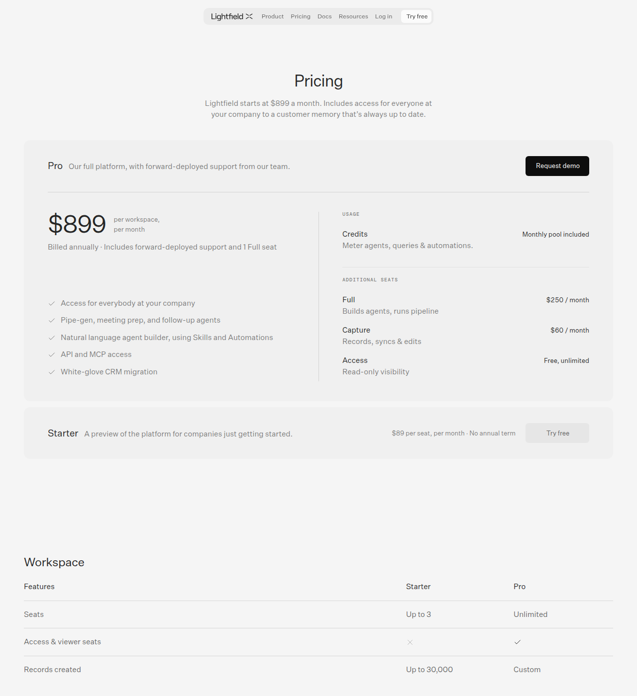 Lightfield pricing page