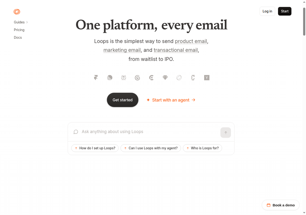 Loops public homepage highlighting the unified platform for marketing, lifecycle and transactional email.