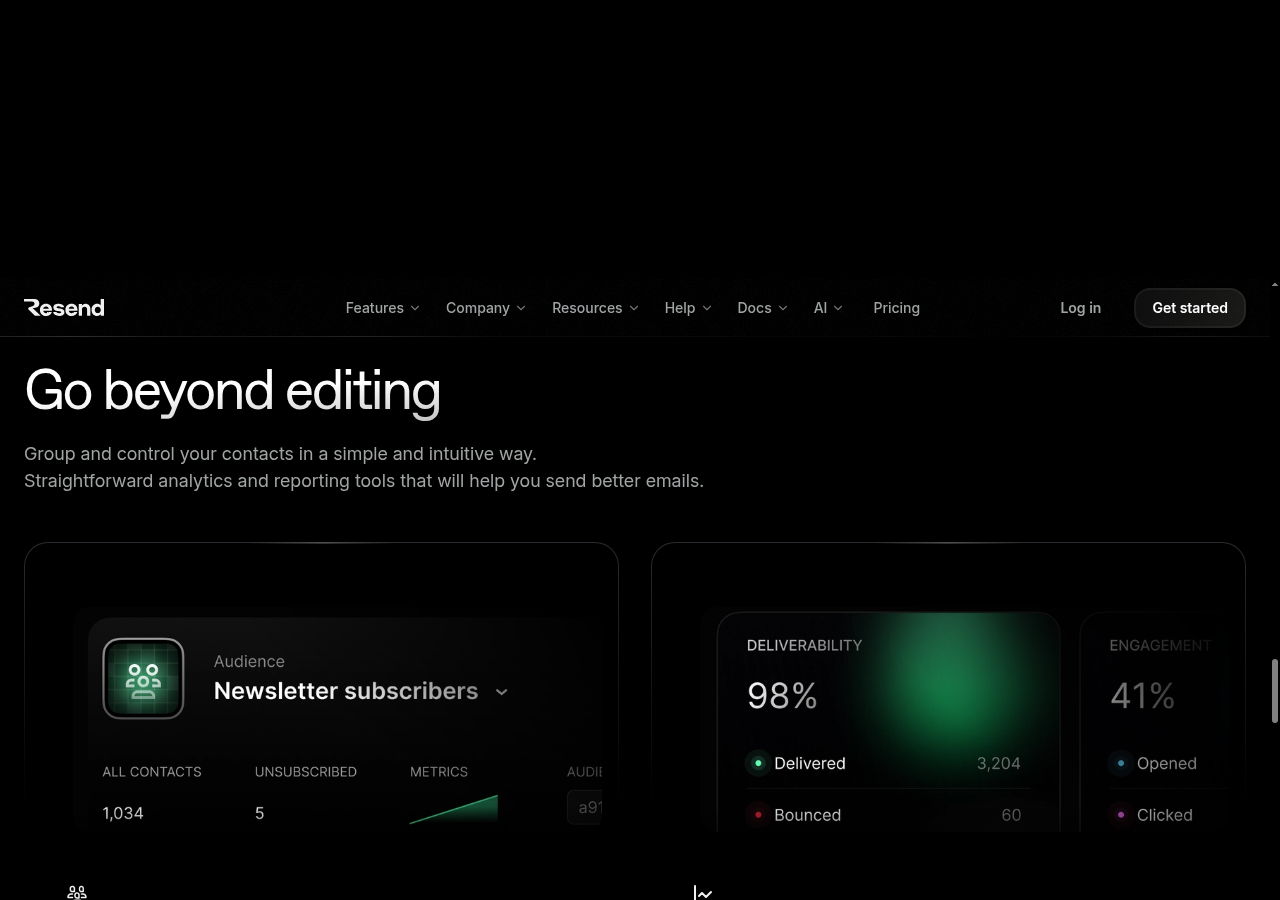 Resend public homepage highlighting the developer API and React Email capabilities.
