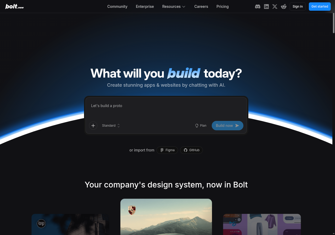 bolt.new homepage hero showing the tagline "What will you build today?" with import options from Figma and GitHub and a design-system pitch.