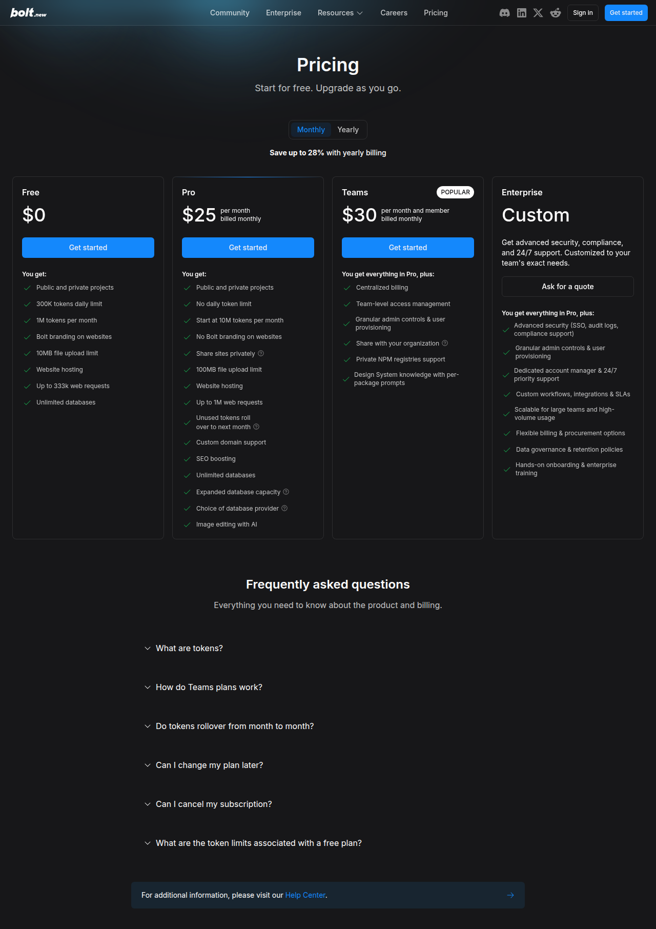bolt.new public pricing page showing Free, Pro, Teams, and Enterprise plans with monthly costs and token allowances.