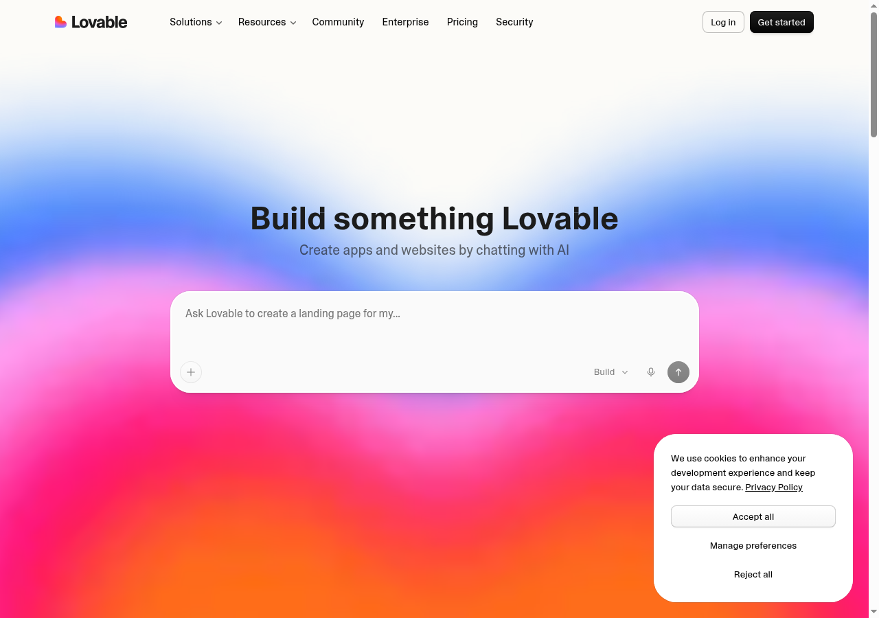 Lovable homepage hero showing the tagline "Build something Lovable" and "Create apps and websites by chatting with AI".