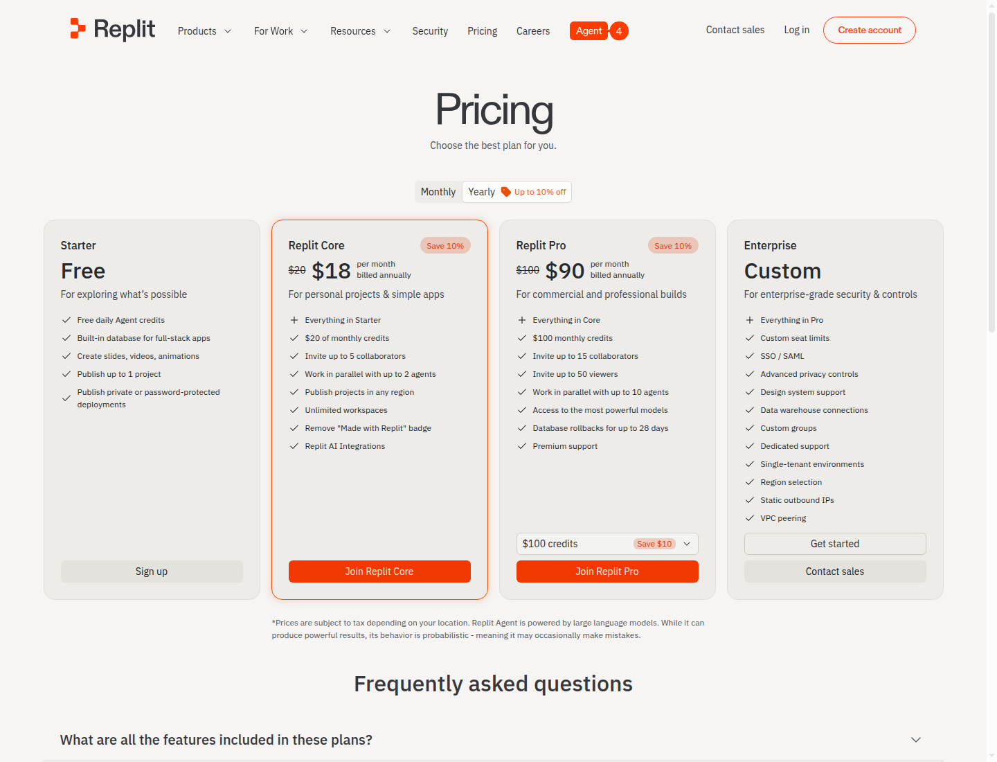 Replit pricing page showing tiers and features