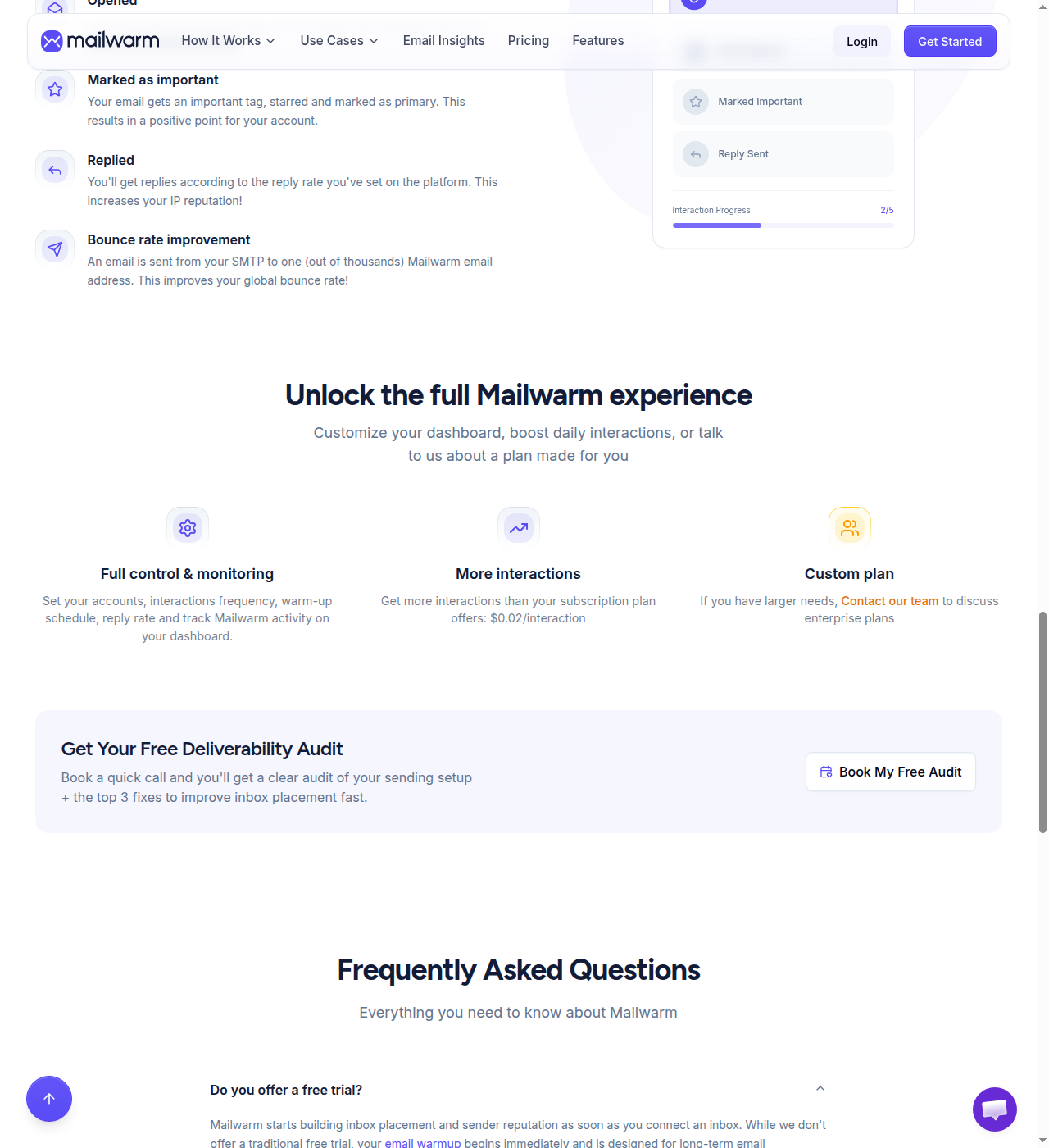 Mailwarm pricing page showing the "More interactions: $0.02/interaction" overage line, the Custom plan CTA, and the "Get Your Free Deliverability Audit" booking block
