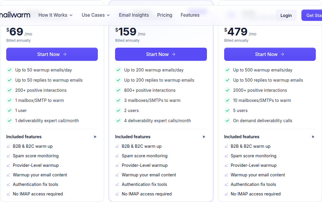 Mailwarm pricing page showing the three published tiers: Starter $69/mo, Growth $159/mo, and Scale $479/mo, with per-tier feature lists