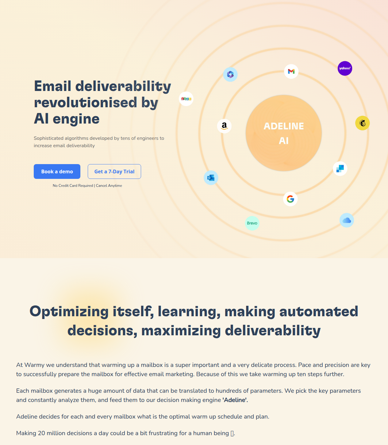 Warmy homepage or product page describing the Adeline AI engine and native Google Postmaster integration
