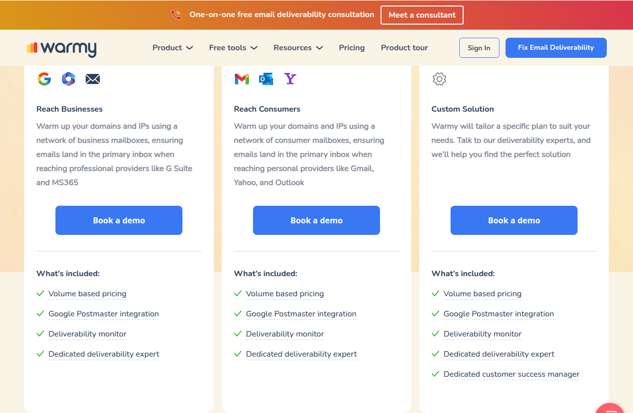 Warmy pricing page showing the B2B sender and B2C sender plan category cards with their target audiences