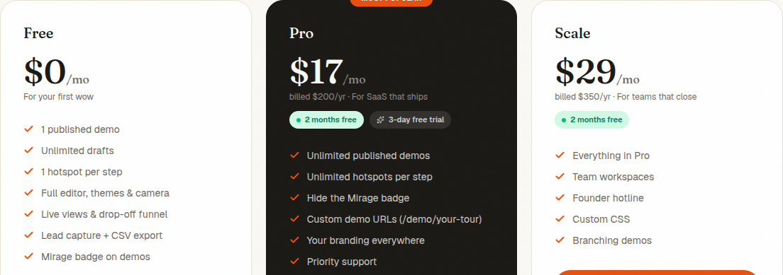 Mirage pricing plans at usemirage.io/pricing showing Free, Pro, and Scale plans with feature lists