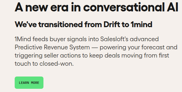 Salesloft's chat agents page stating the Drift-to-1Mind transition outright.