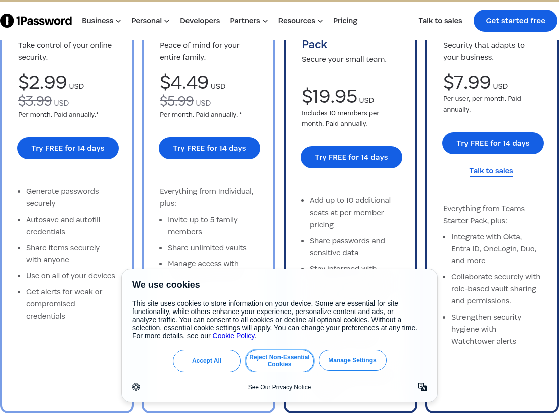 1Password pricing cards showing Individual, Families, Teams Starter, and Business plans