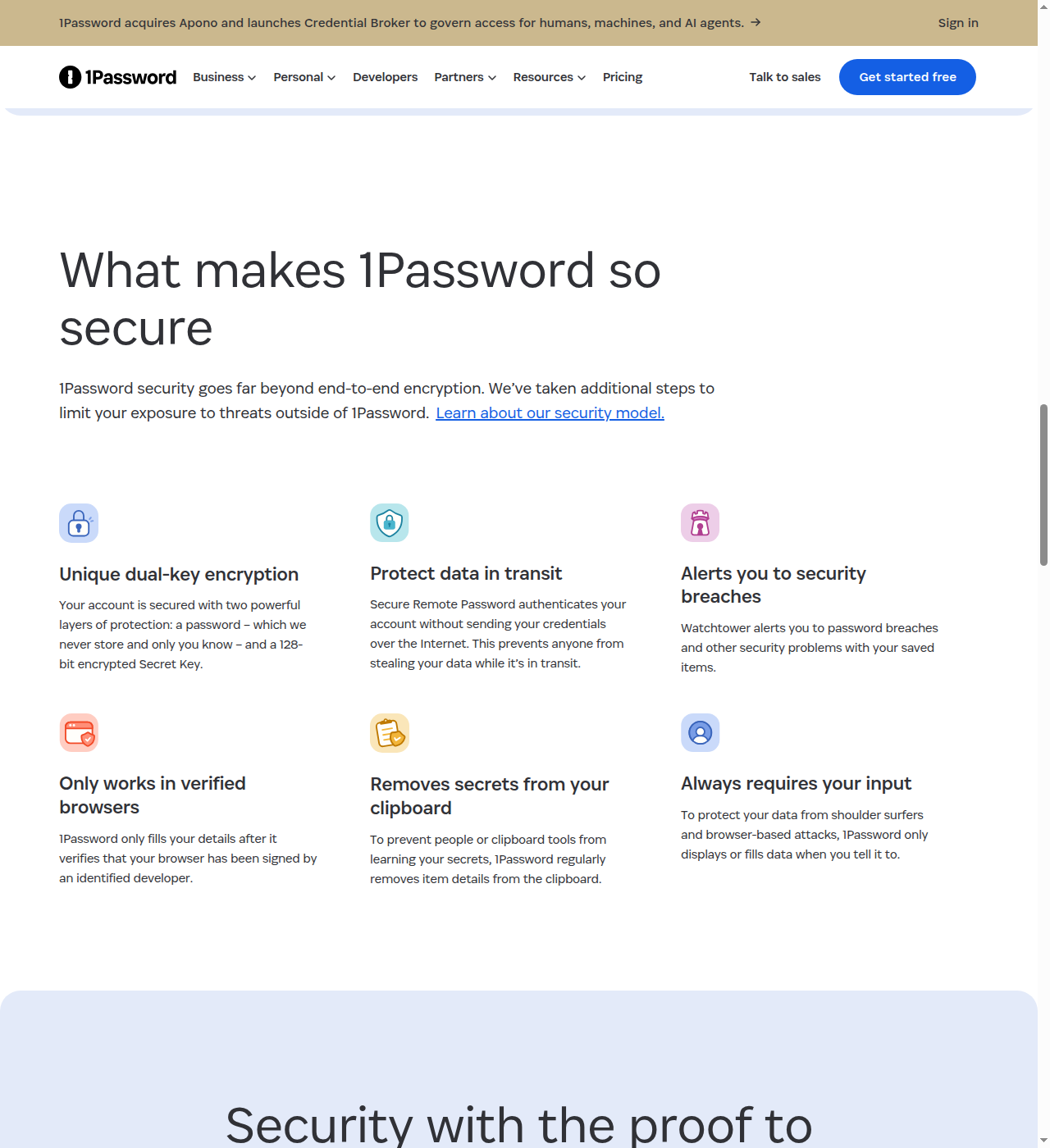 1Password security page highlighting the Secret Key dual-key encryption