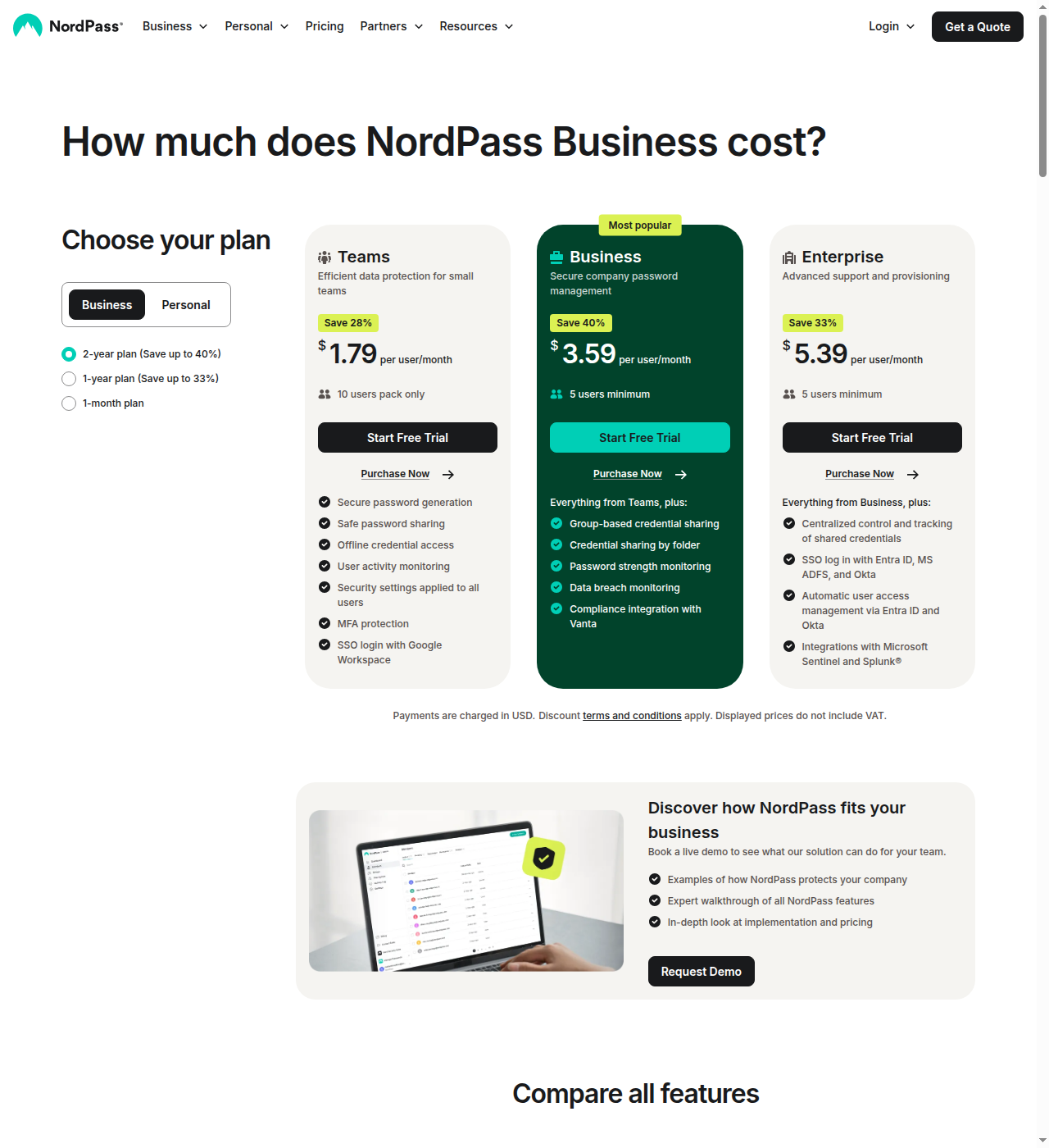 NordPass Business pricing table showing Teams, Business, and Enterprise plans