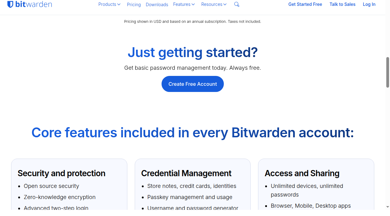 Bitwarden Free plan: unlimited passwords on unlimited devices, passkey management, and zero-knowledge encryption