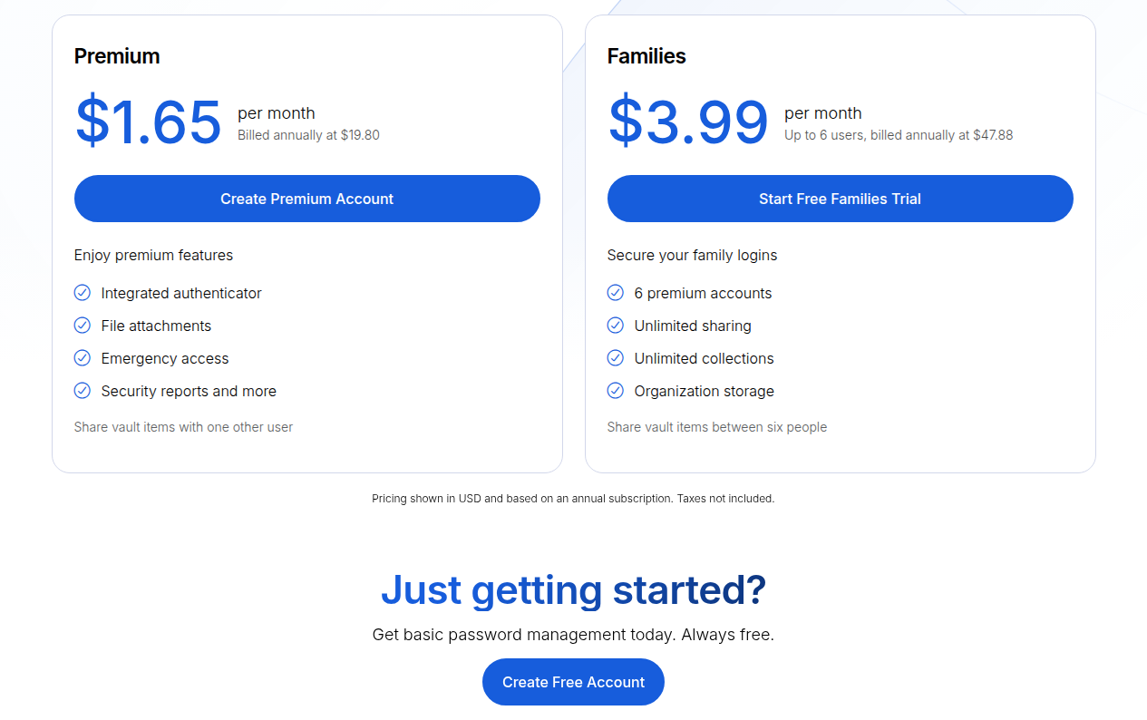 Bitwarden pricing page showing Premium at $1.65/mo, Families at $3.99/mo, and Free plan with unlimited devices