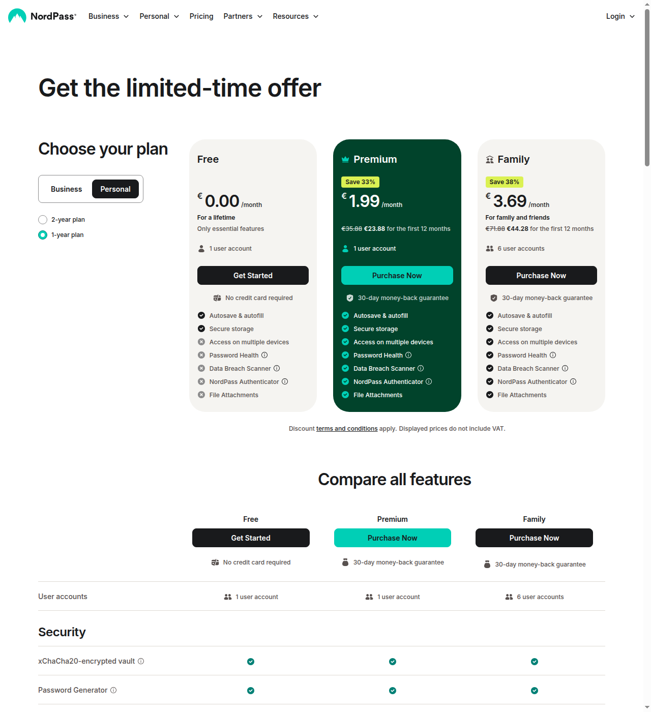 NordPass personal pricing page showing Free, Premium, and Family plans