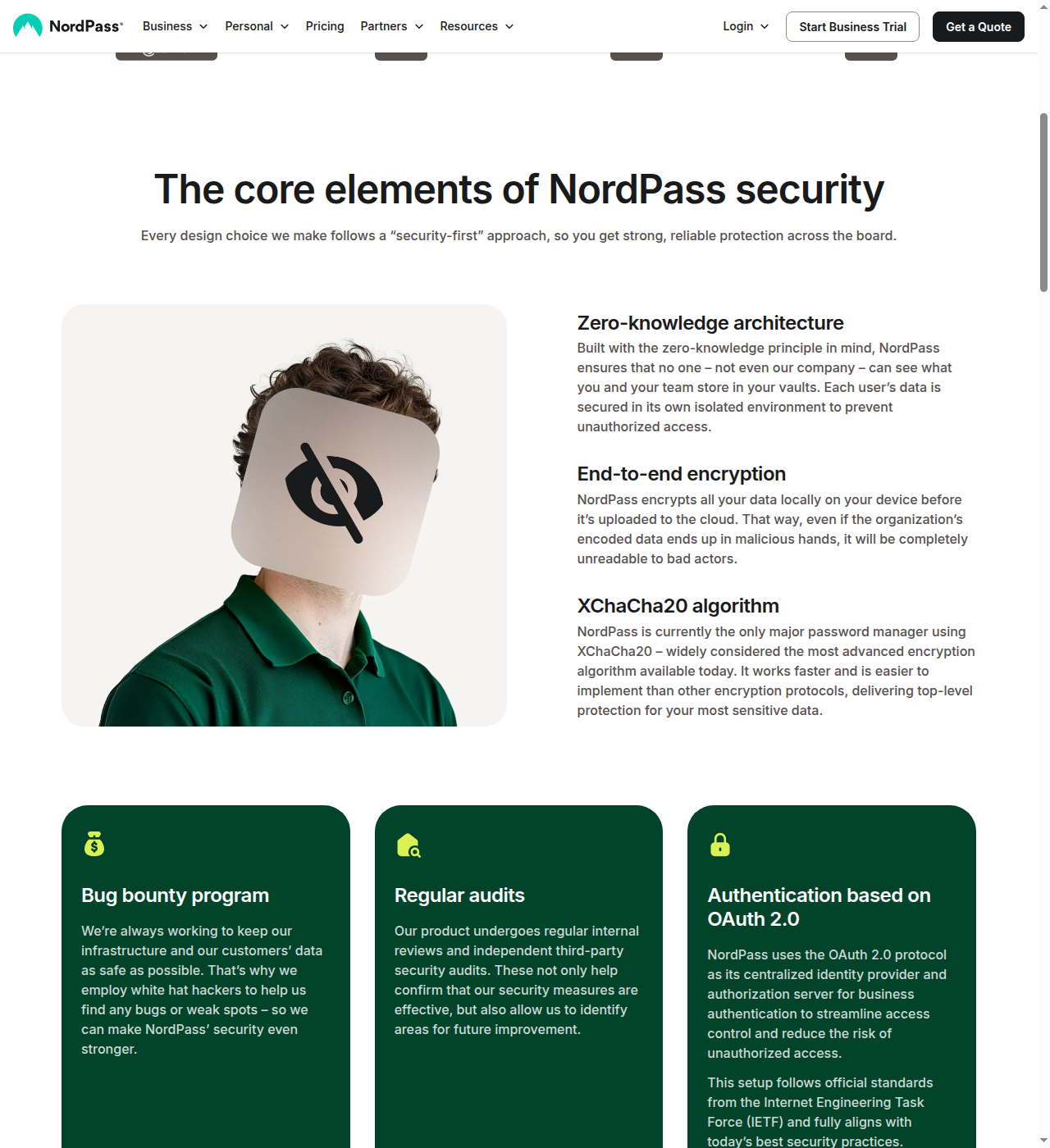NordPass security page detailing XChaCha20 encryption algorithm, zero-knowledge architecture, and ISO 27001/SOC 2 certifications