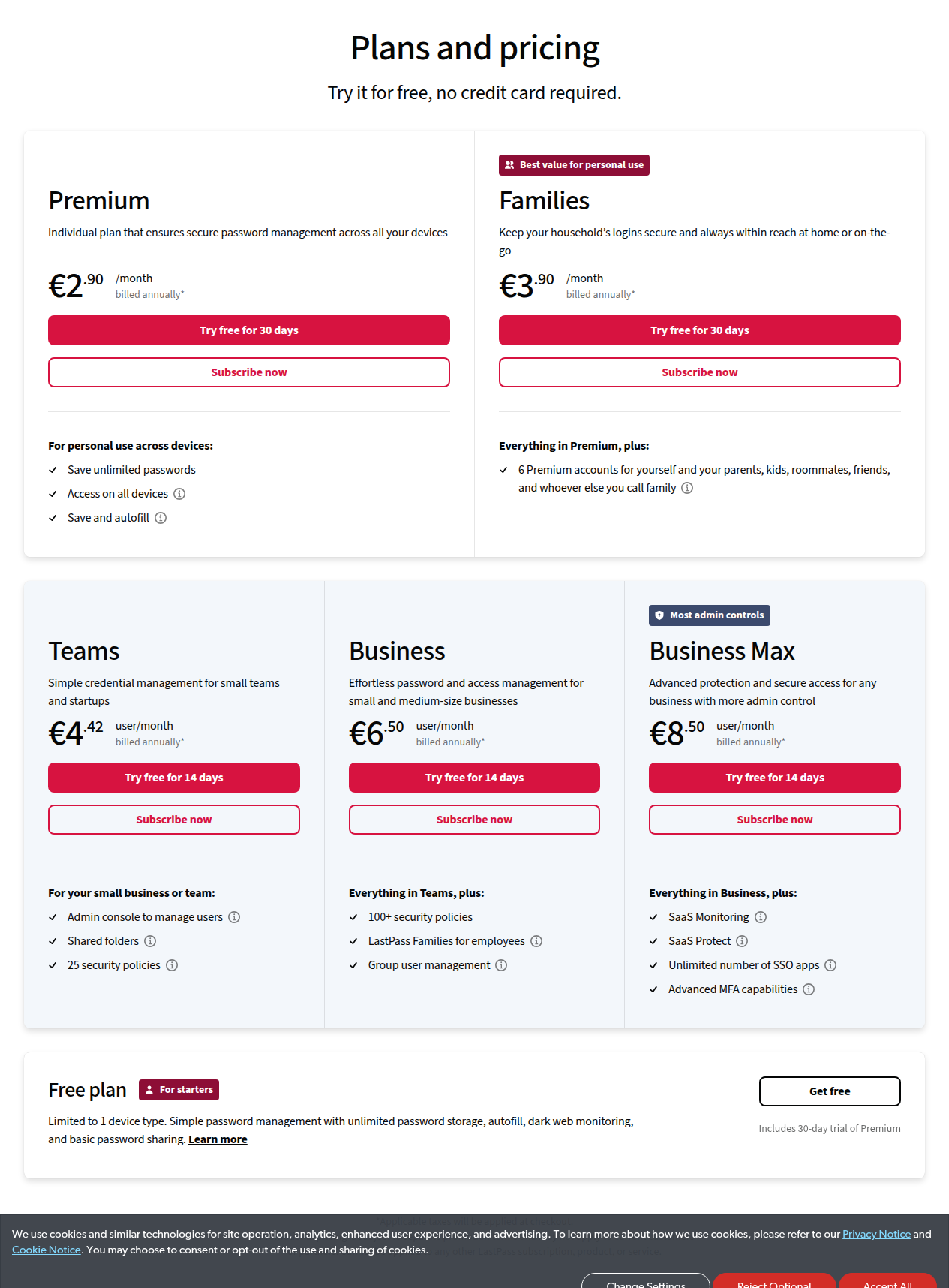 LastPass pricing table showing all plans