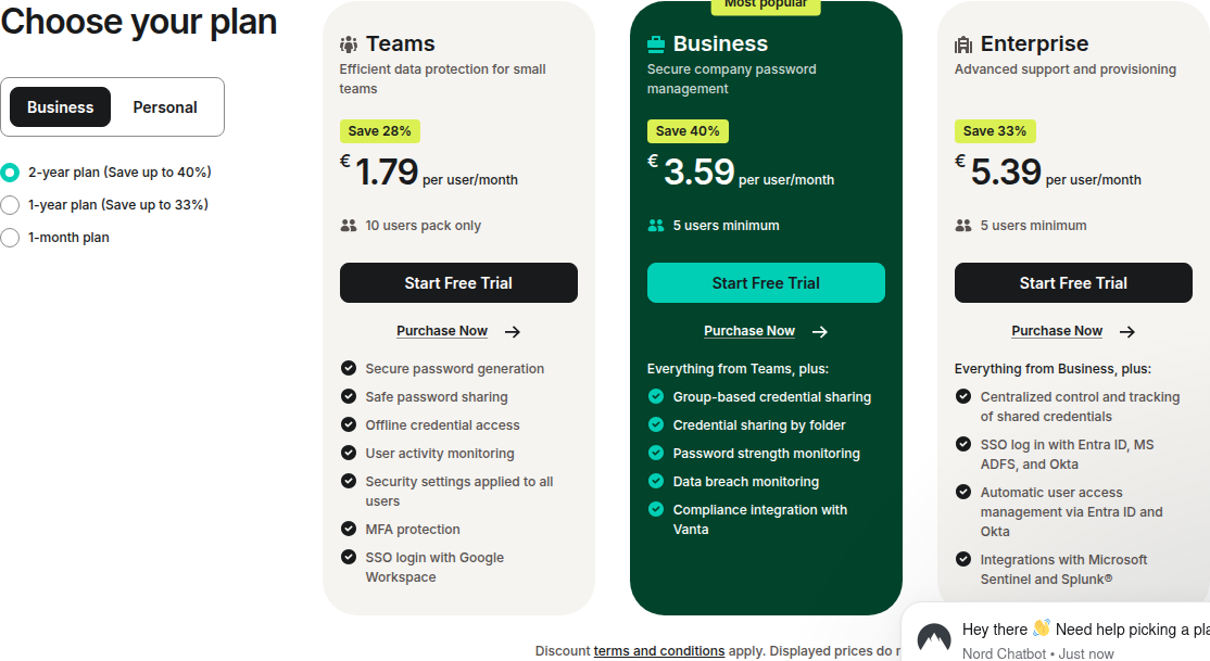 NordPass Business pricing table showing Teams, Business, and Enterprise plans