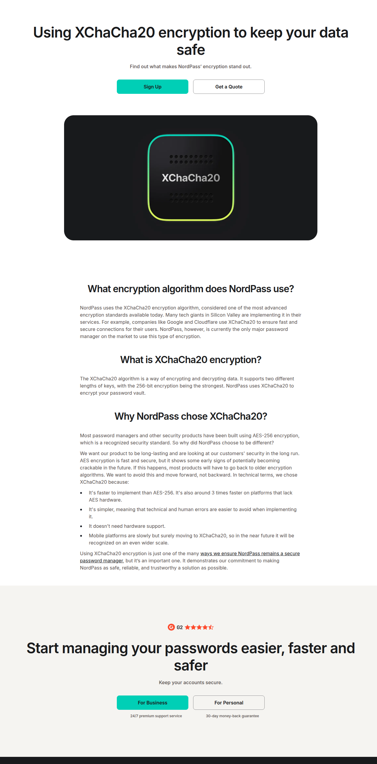 NordPass XChaCha20 encryption feature page explaining the algorithm