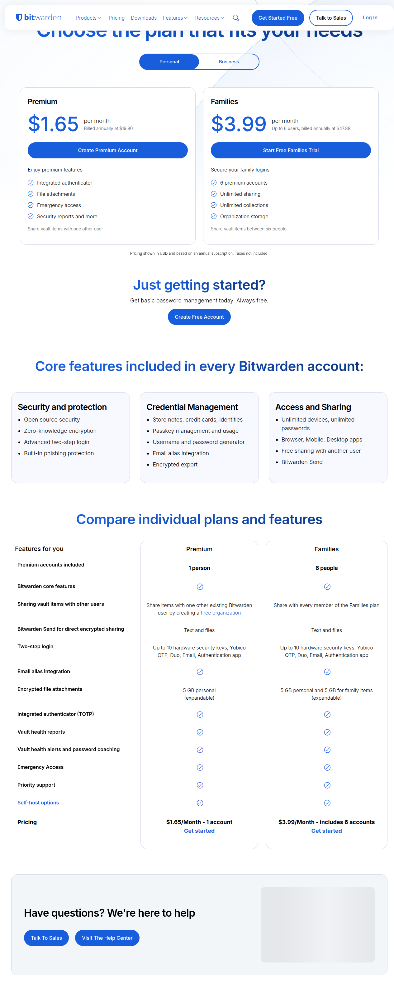 Bitwarden personal pricing page