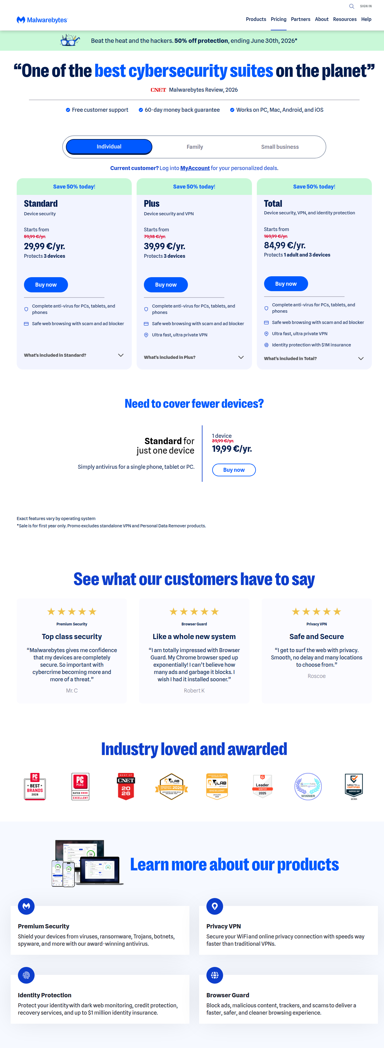 Malwarebytes pricing page