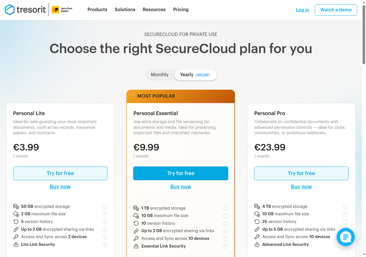Tresorit personal pricing page