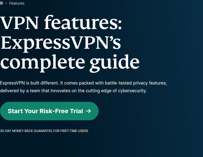 ExpressVPN features marketing page showing TrustedServer and audit highlights