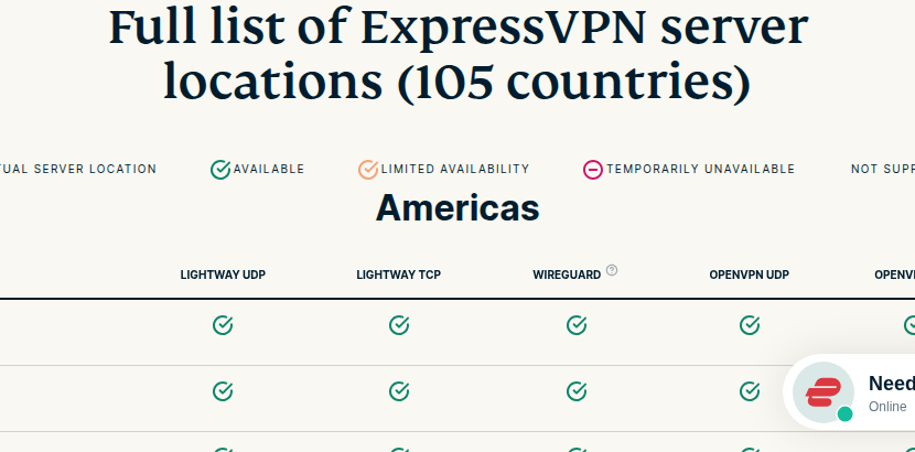 ExpressVPN server locations page showing 105 countries
