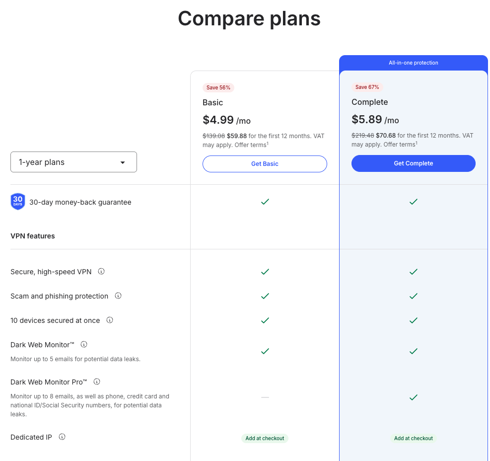 NordVPN 1-year and 1-month plan pricing
