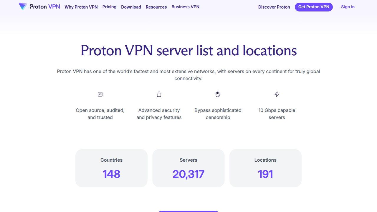 Proton VPN servers page showing global server count