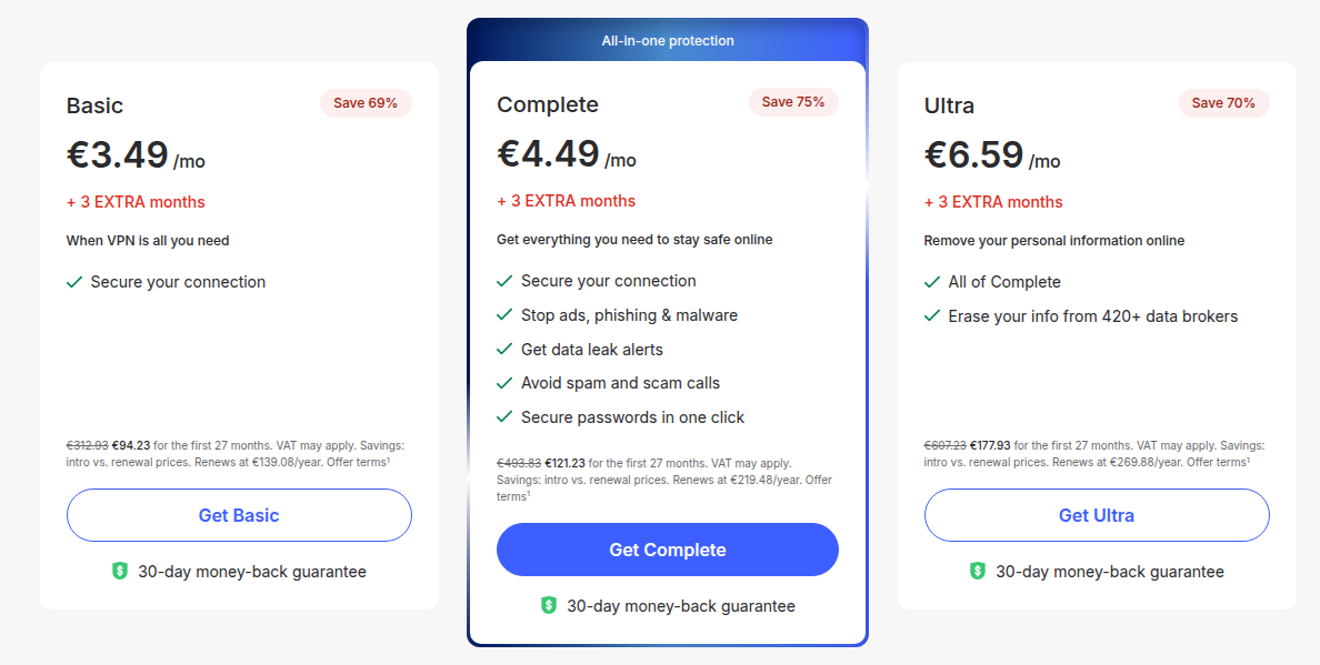 NordVPN pricing table showing Basic, Complete, and Ultra plan cards with 2-year pricing