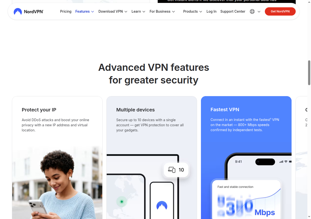 NordVPN speed performance claim section on the features page