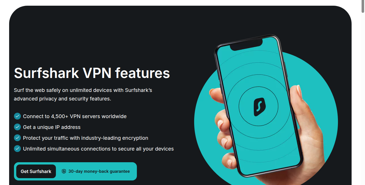 Surfshark features page hero section showing unlimited simultaneous connections claim