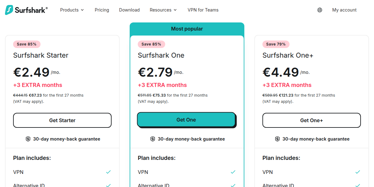 Surfshark pricing table showing Starter, One, and One+ plan cards with 2-year pricing