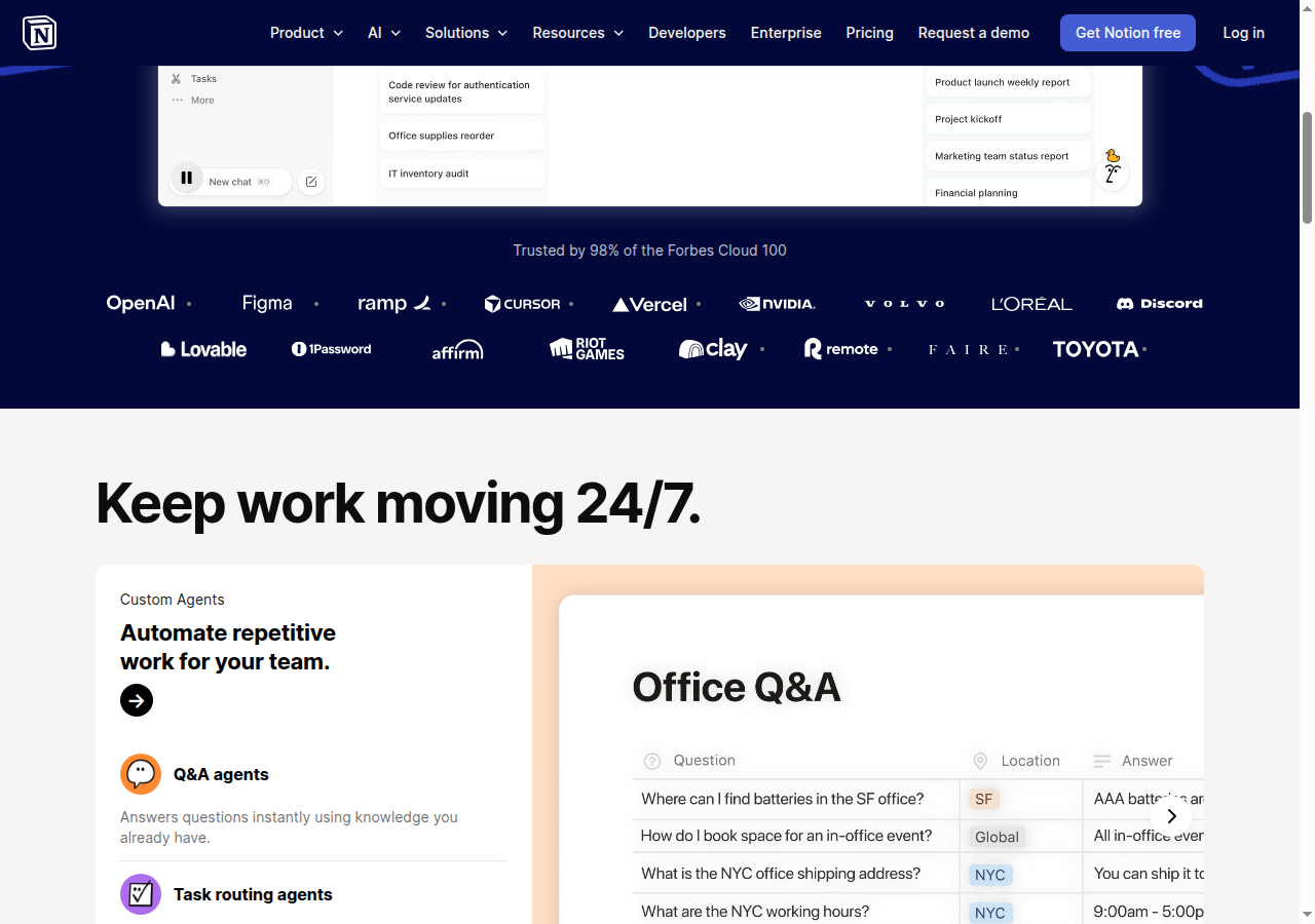 Notion product page showing key features like databases, AI, and collaboration