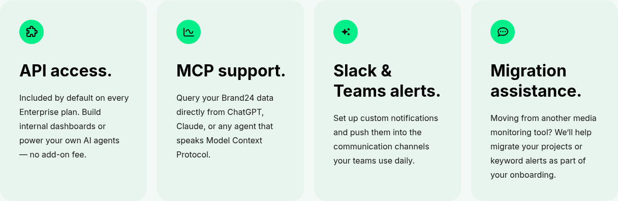 Brand24 /for-enterprise/ page showing the FAQ or section that mentions MCP and API support, substantiating that Brand24 does ship both.