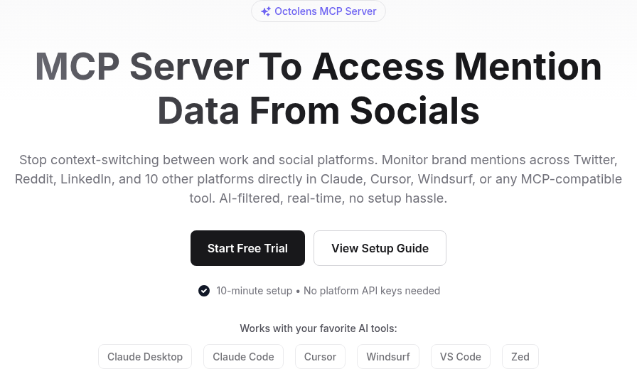 Octolens MCP page showing support for AI agents and IDEs including Claude and Cursor.