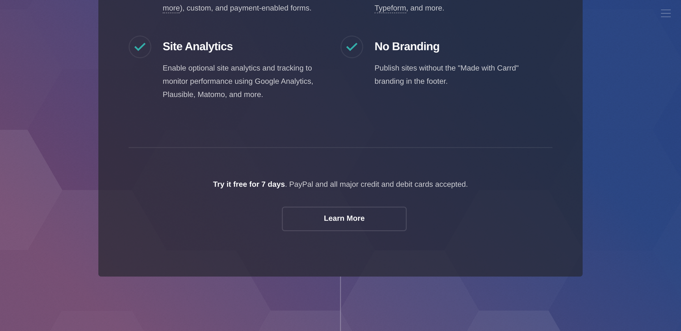 Carrd's public homepage Pro feature "No Branding: Publish sites without the "Made with Carrd" branding in the footer", which is the badge free sites carry