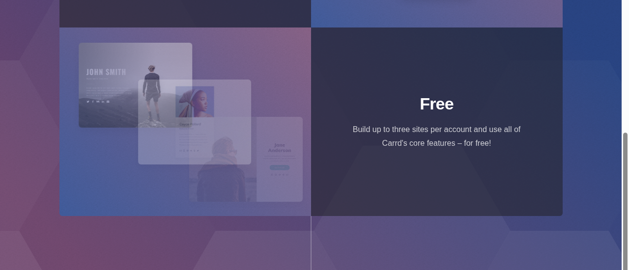 Carrd's public homepage "Free" highlight stating "Build up to three sites per account and use all of Carrd's core features - for free!"