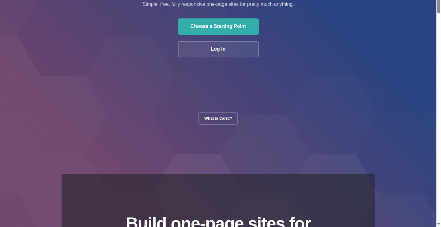 Carrd public homepage hero ("Simple, free, fully responsive one-page sites for pretty much anything" with the "Build up to three sites... for free" pledge)