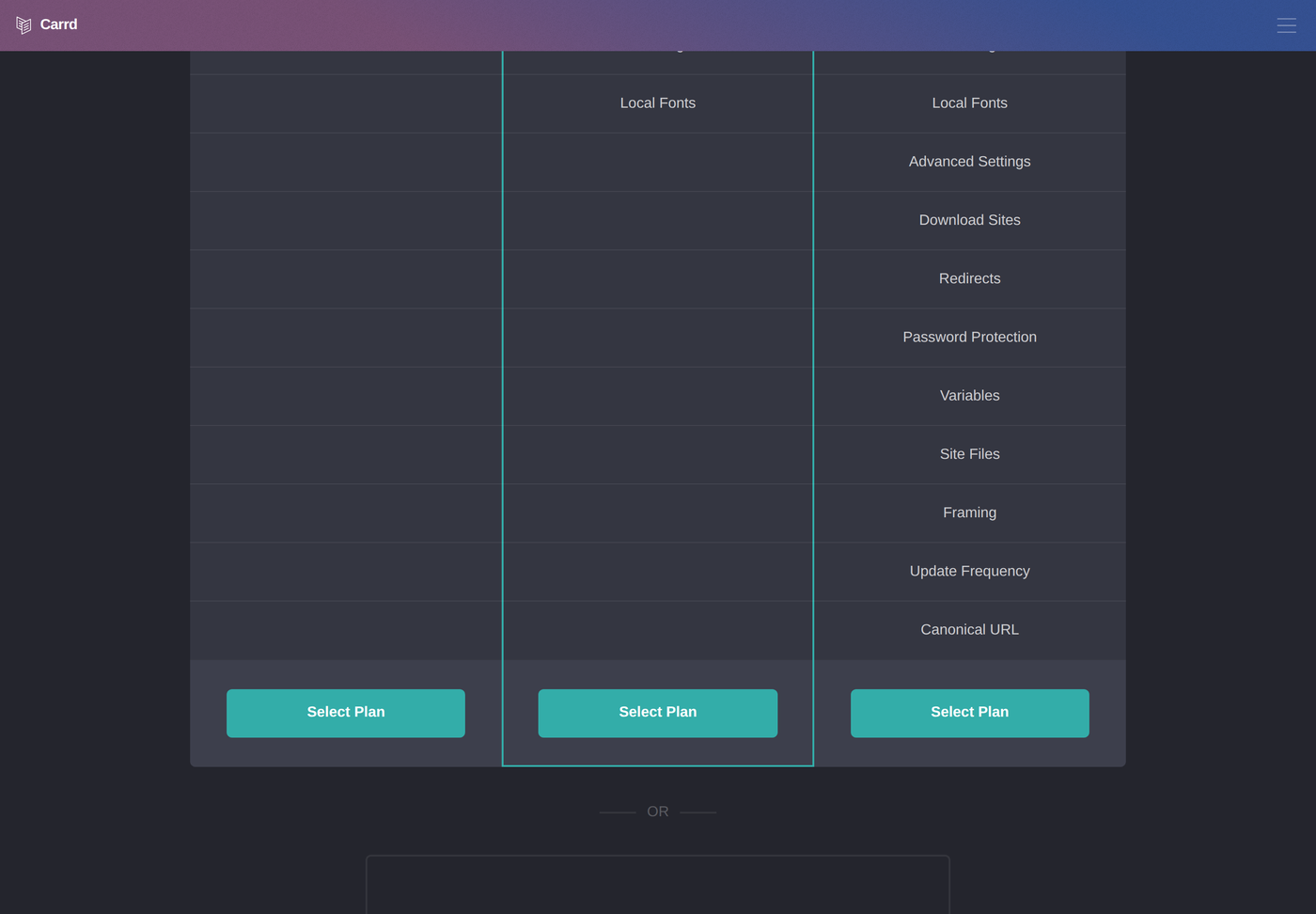Carrd's public Compare Plans table, lower feature rows: for Pro Standard Forms/Widgets/Embeds/Analytics/Meta Tags, and for Pro Plus Advanced Forms, Download Sites, Redirects, Password Protection, Variables, Site Files, Framing, Canonical URL