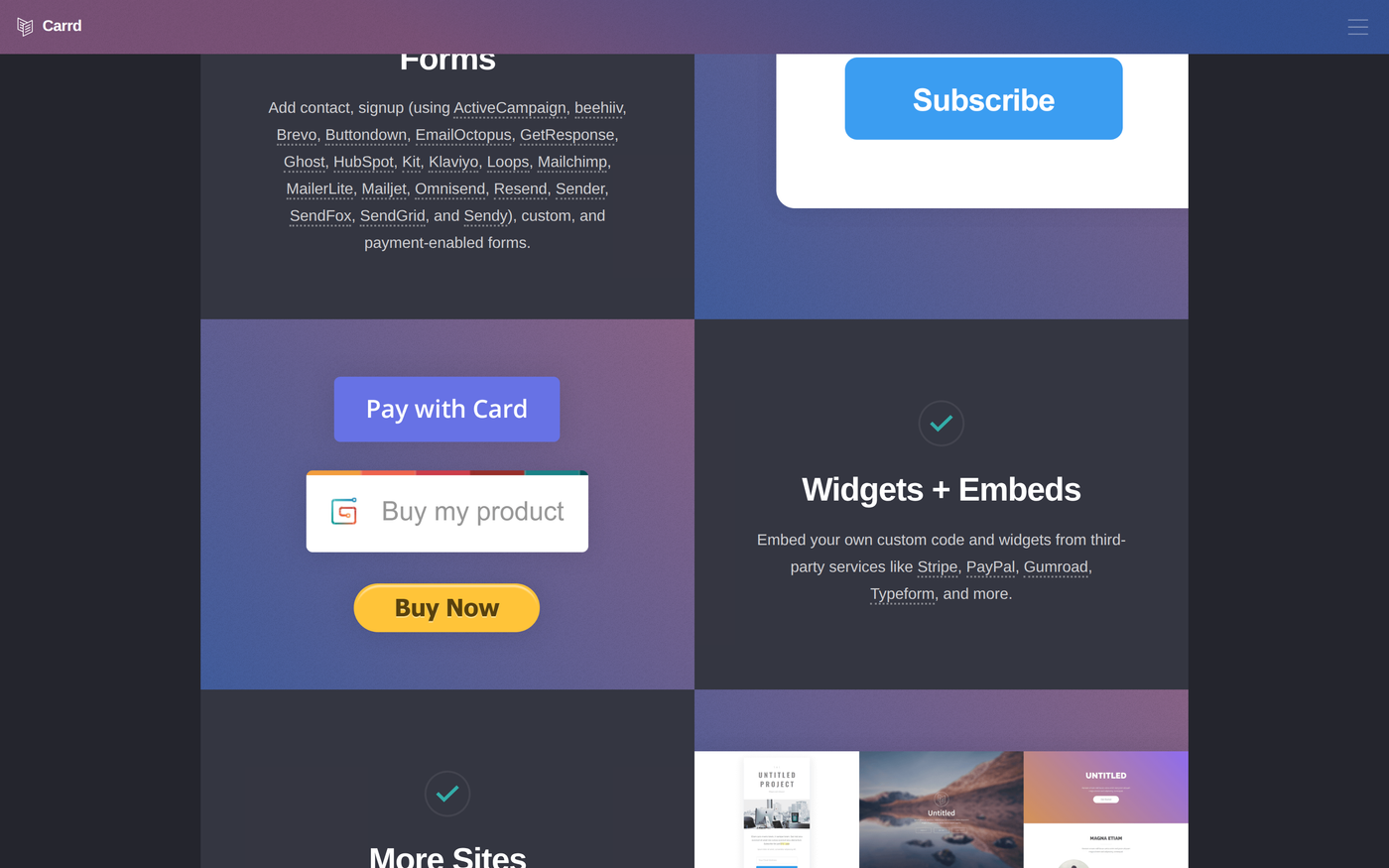 Carrd's public Forms block listing the full external ESP integration set (ActiveCampaign, beehiiv, Brevo, Buttondown, EmailOctopus, GetResponse, Ghost, HubSpot, Kit, Klaviyo, Loops, Mailchimp, MailerLite, Mailjet, Omnisend, Resend, Sender, SendFox, SendGrid, Sendy)