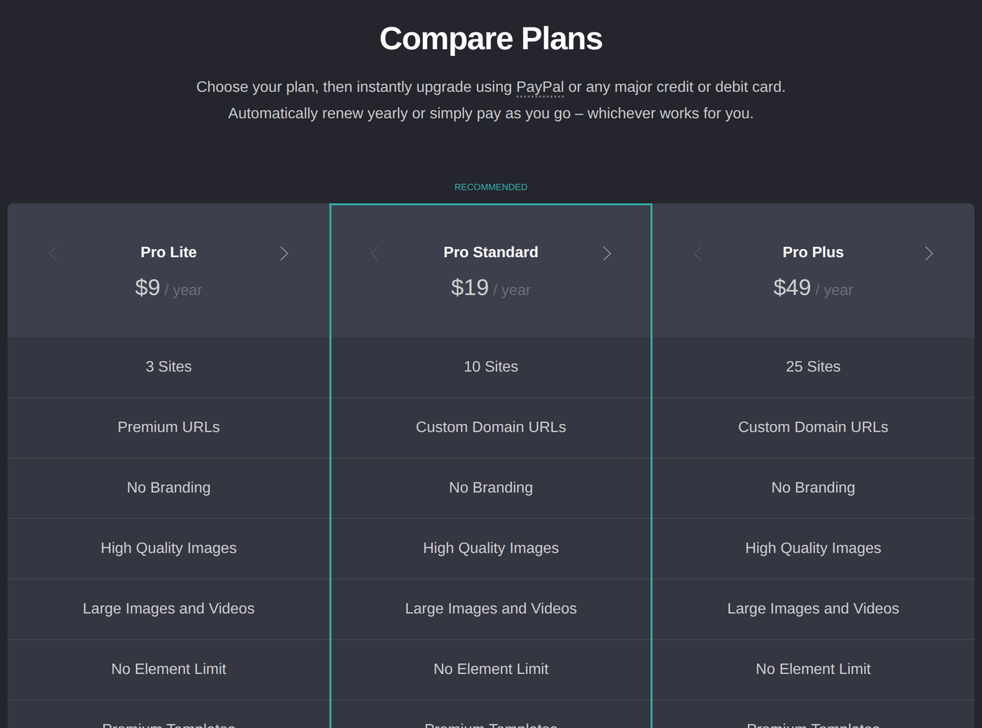 Carrd public Pro plans page showing Pro Lite ($9/yr), Pro Standard ($19/yr), and Pro Plus ($49/yr) with feature allocations