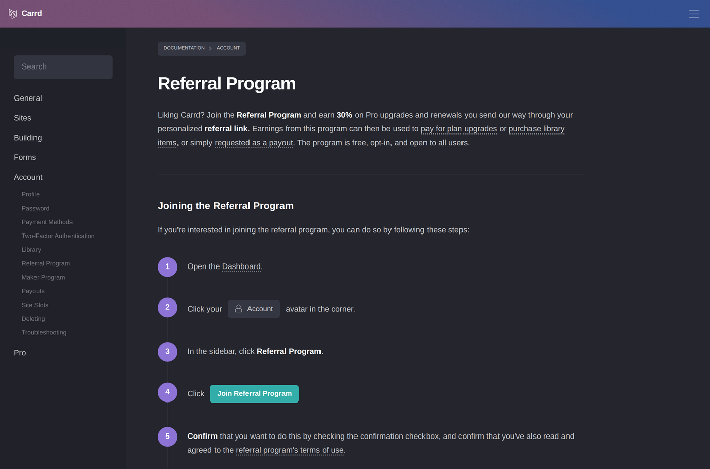 Carrd's public Referral Program documentation page showing the "earn 30% on Pro upgrades and renewals" terms and the balance/payout wording