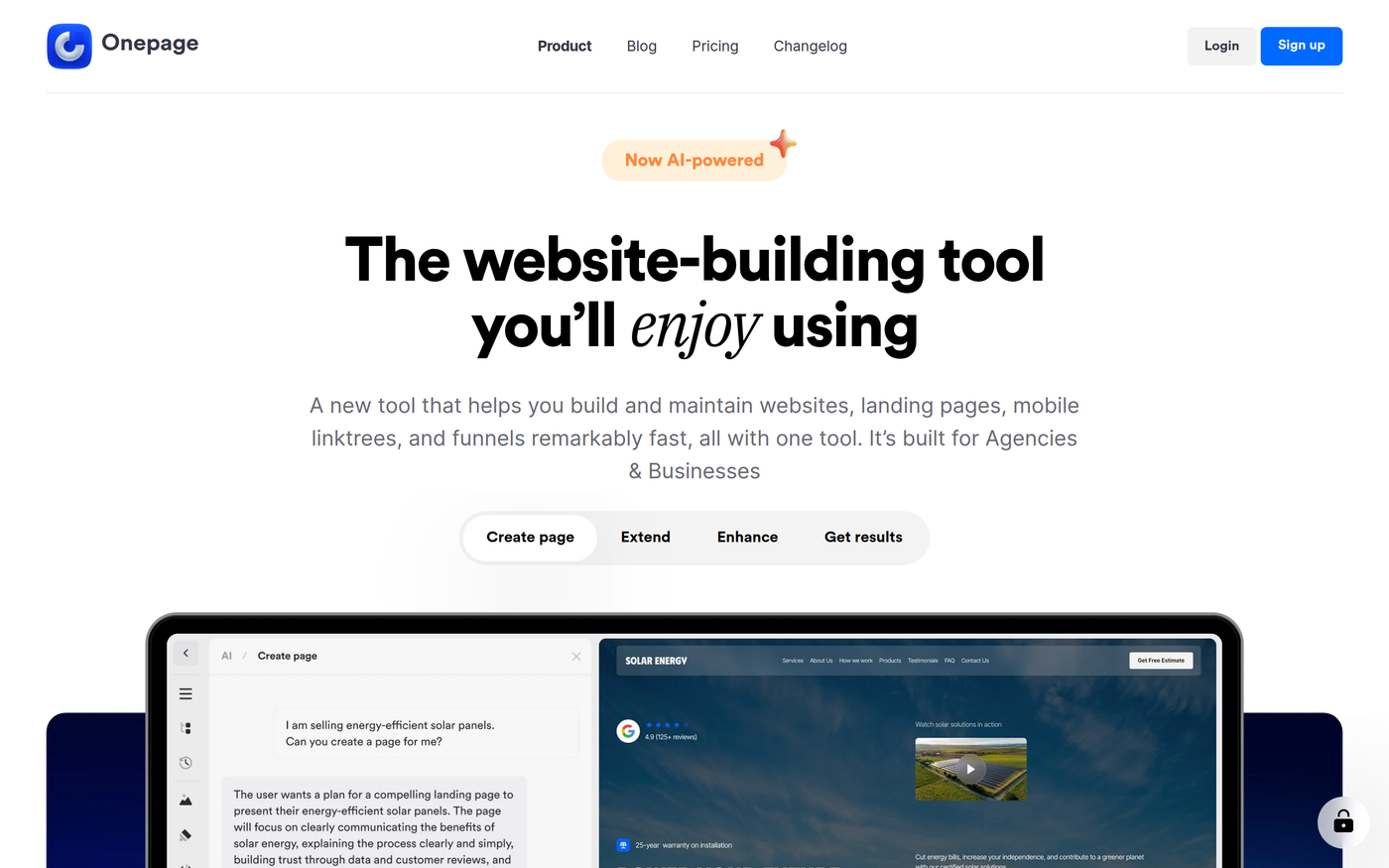 Onepage public homepage hero ("websites, landing pages, mobile linktrees, and funnels remarkably fast") positioned at agencies and businesses