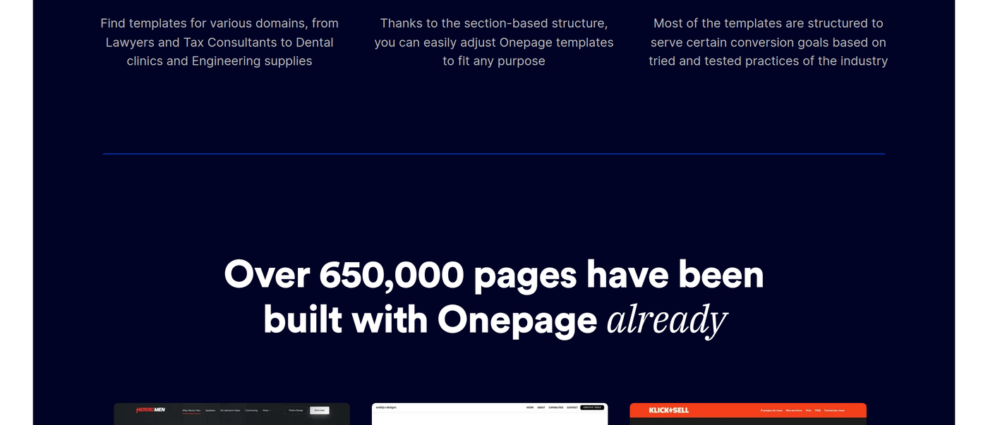 Onepage's public homepage band stating "Over 650,000 pages have been built with Onepage already" and the testimonials band stating "Onepage is trusted by 14,000+ customers"