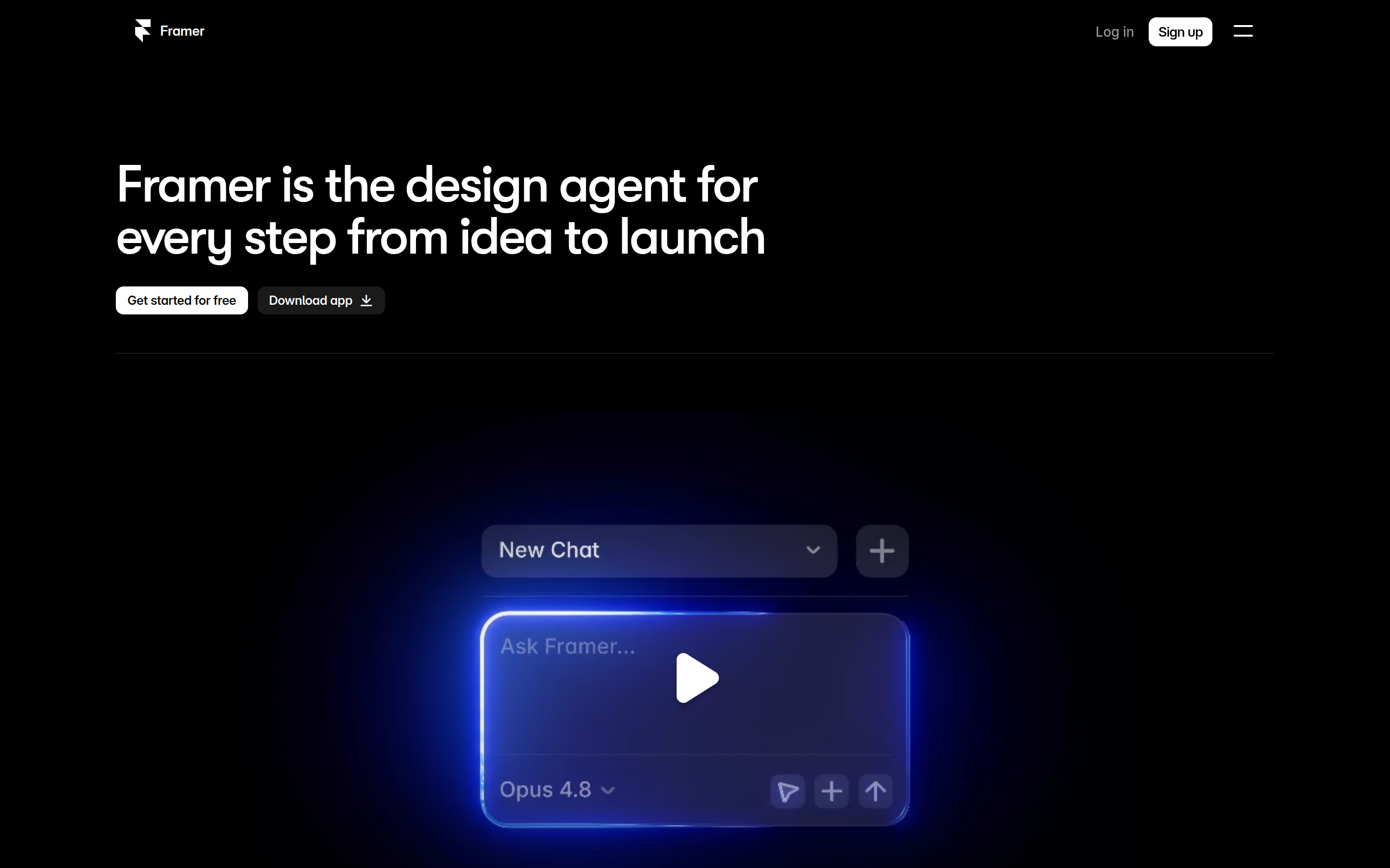 Framer public homepage hero: "Framer is the design agent for every step from idea to launch" plus the agent and full-platform sections