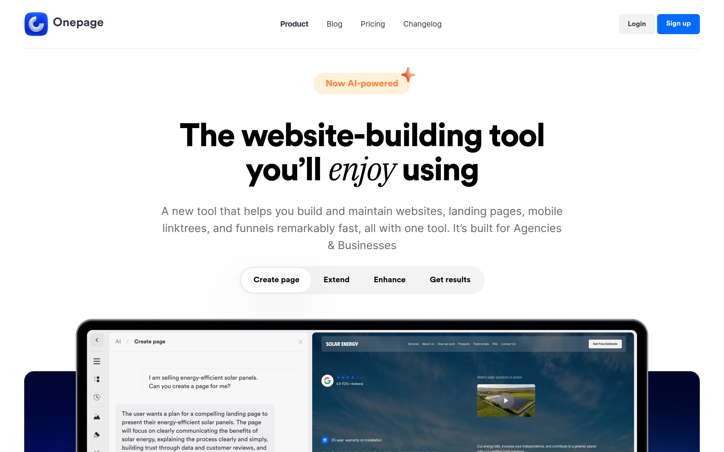 Onepage public homepage hero: "The website-building tool you'll enjoy using" plus the subheading naming websites, landing pages, mobile linktrees, and funnels